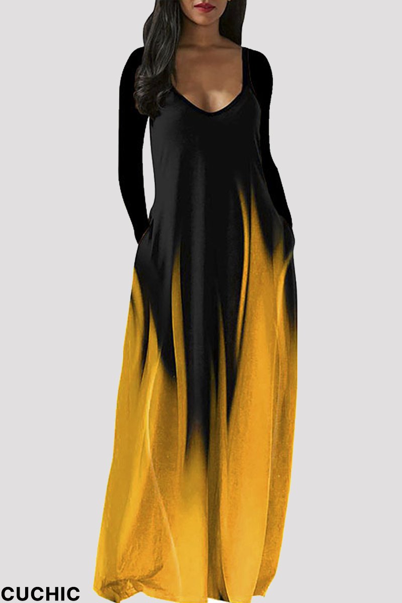 Yellow Fashion Casual Print Basic V Neck Long Sleeve Dresses-CuChic