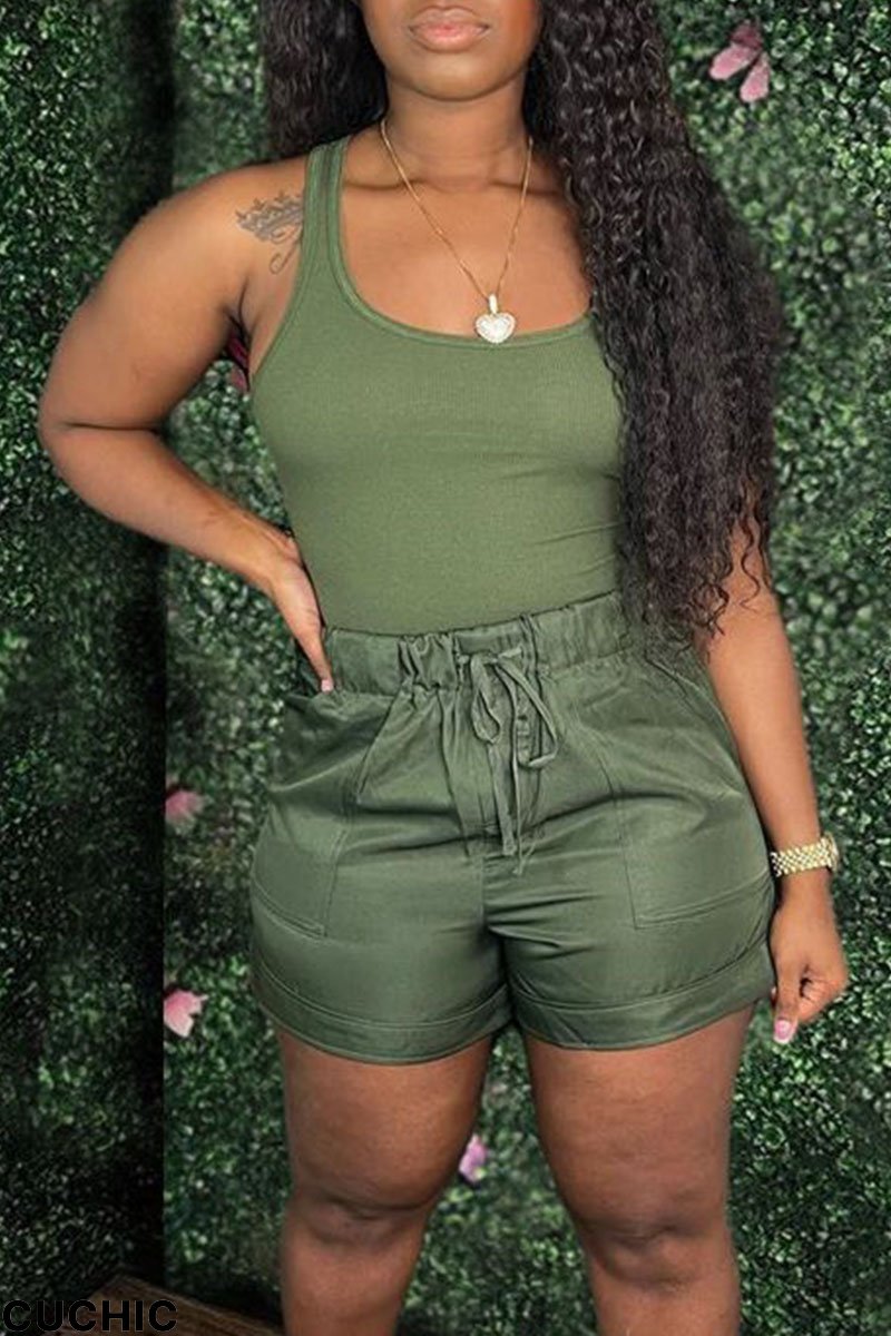 Army Green Casual Solid Split Joint U Neck Two Pieces-CuChic