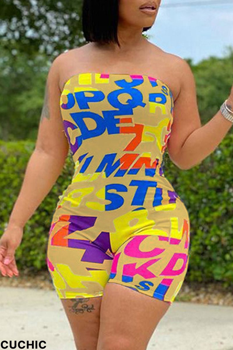 Khaki Fashion Sexy Letter Print Backless Strapless Skinny Romper-CuChic