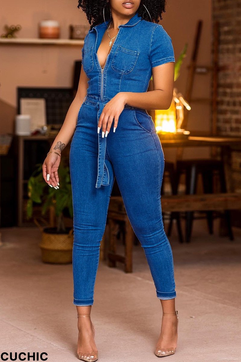 The cowboy blue Fashion Casual Solid Patchwork Turndown Collar Short Sleeve Skinny Denim Jumpsuits-CuChic