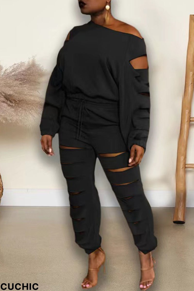Black Casual Street Solid Hollowed Out Patchwork O Neck Long Sleeve Two Pieces-CuChic