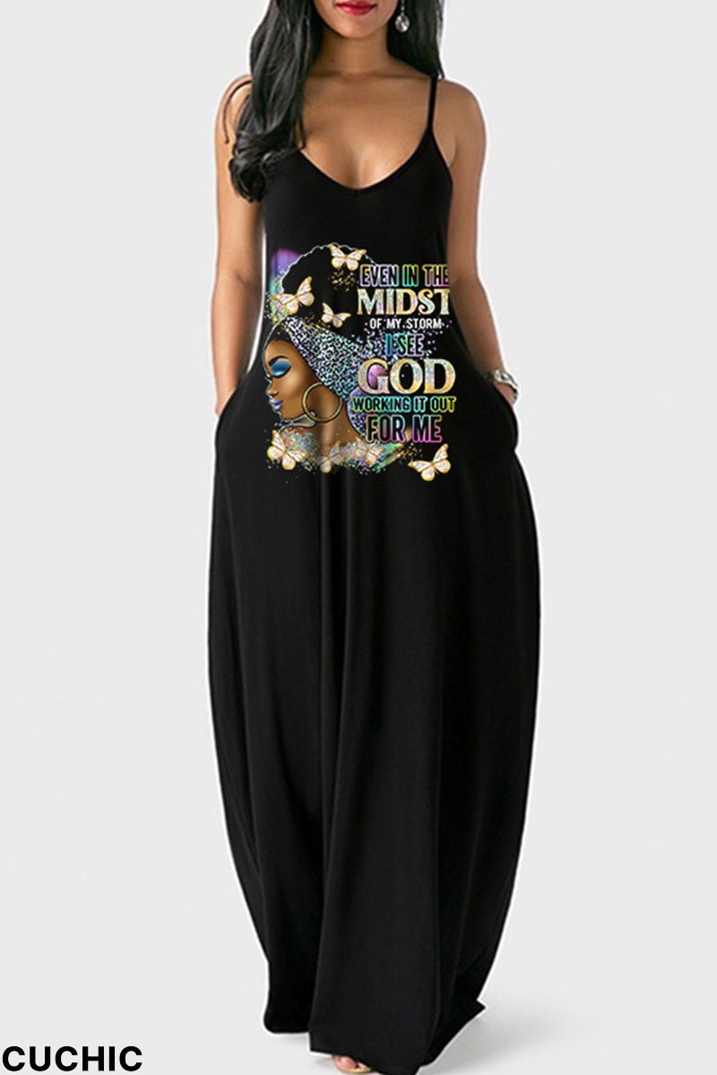 Black Gold Sexy Casual Print Backless Spaghetti Strap Long Dress-CuChic
