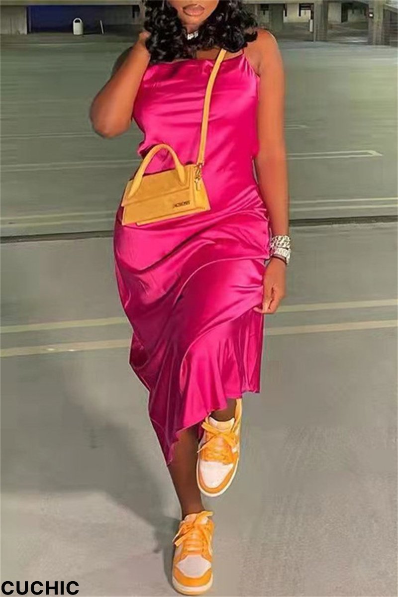 Rose Red Sexy Casual Solid Backless Spaghetti Strap Long Dress-CuChic