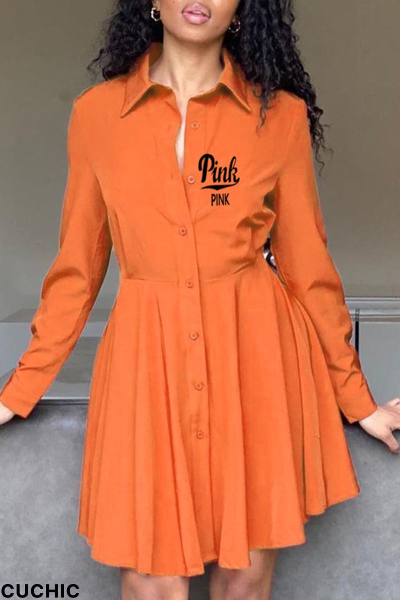 Tangerine Red Casual Print Patchwork Turndown Collar Shirt Dress Dresses-CuChic
