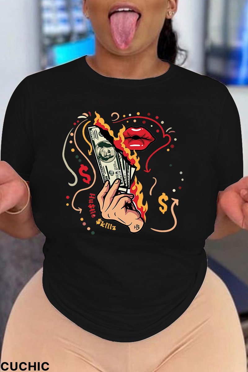 Black Fashion Casual Print Basic O Neck T-Shirts-CuChic