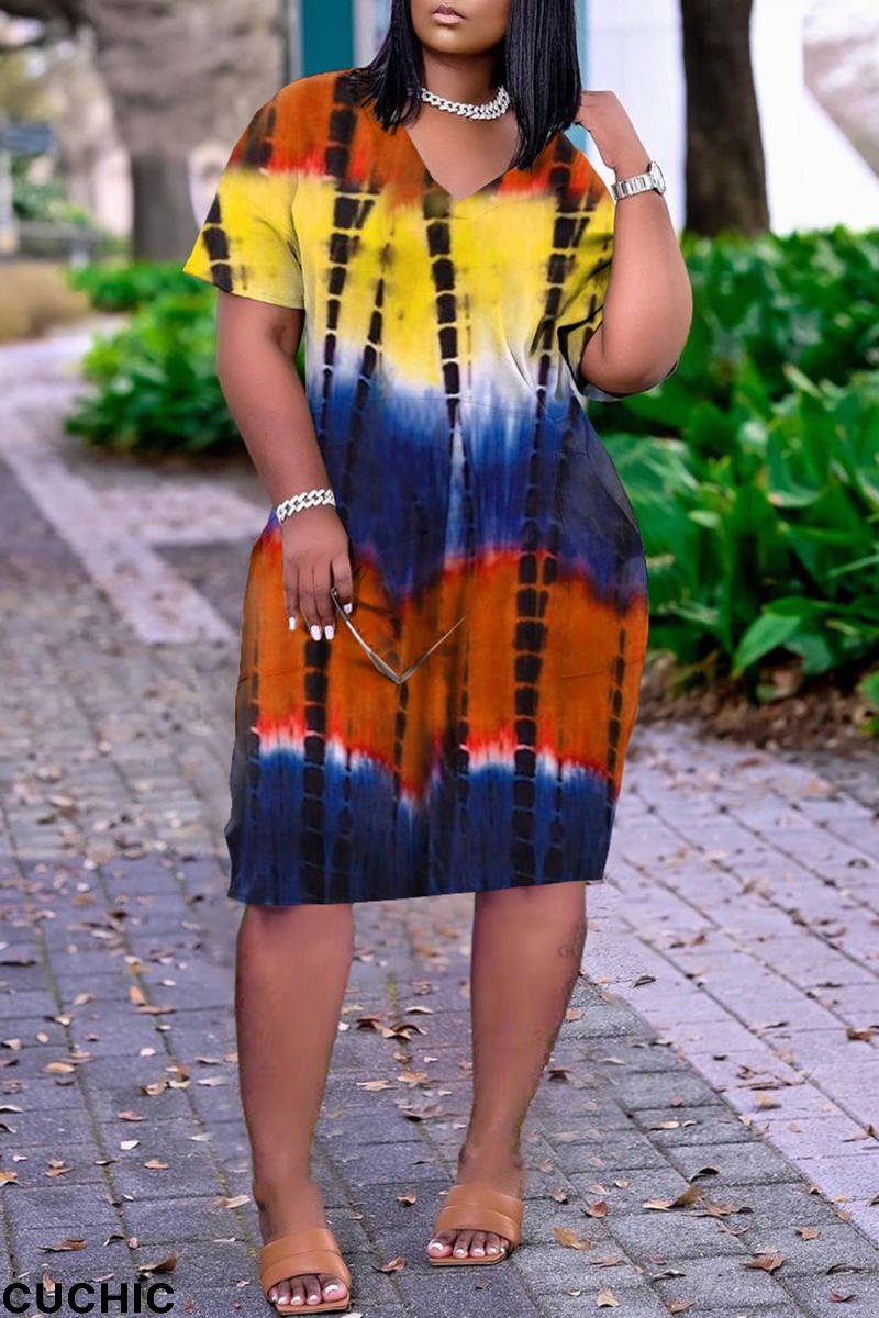 Yellow Fashion Casual Print Basic V Neck Short Sleeve Dress-CuChic