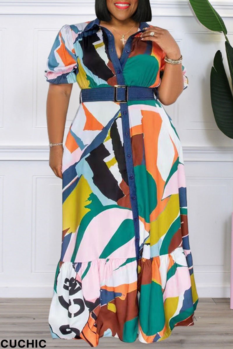 Colour Casual Print Patchwork Buckle Turndown Collar Straight Plus Size Dresses-CuChic