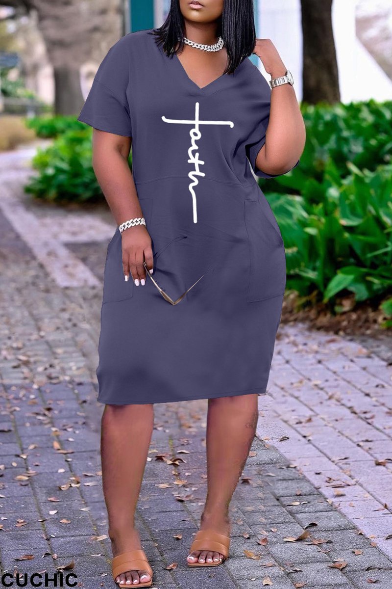 Deep Blue Fashion Casual Print Basic V Neck Short Sleeve Dress-CuChic
