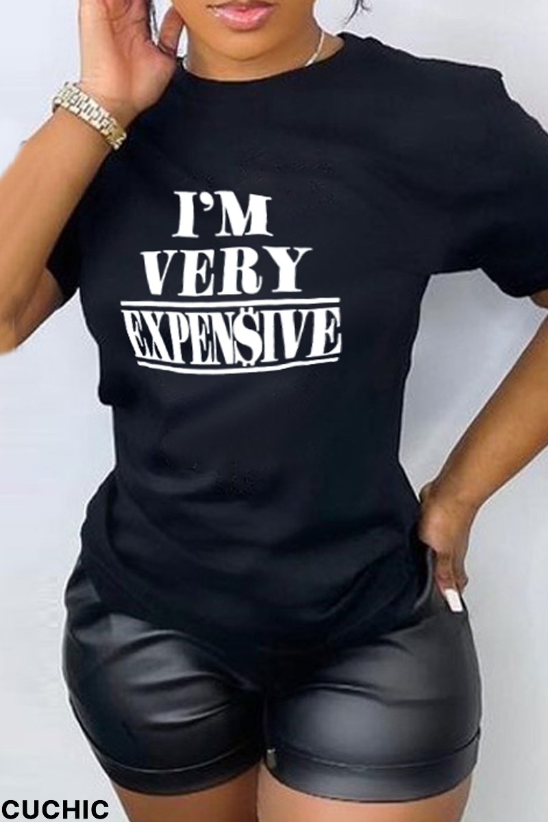 Black Fashion Casual Print Split Joint Letter O Neck T-Shirts-CuChic