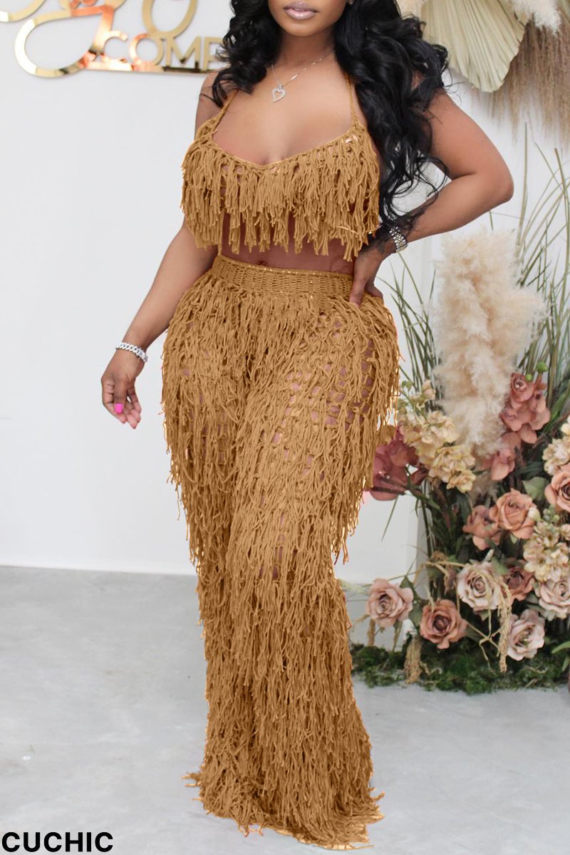 Khaki Fashion Casual Solid Tassel Hollowed Out Backless Spaghetti Strap Sleeveless Two Pieces-CuChic