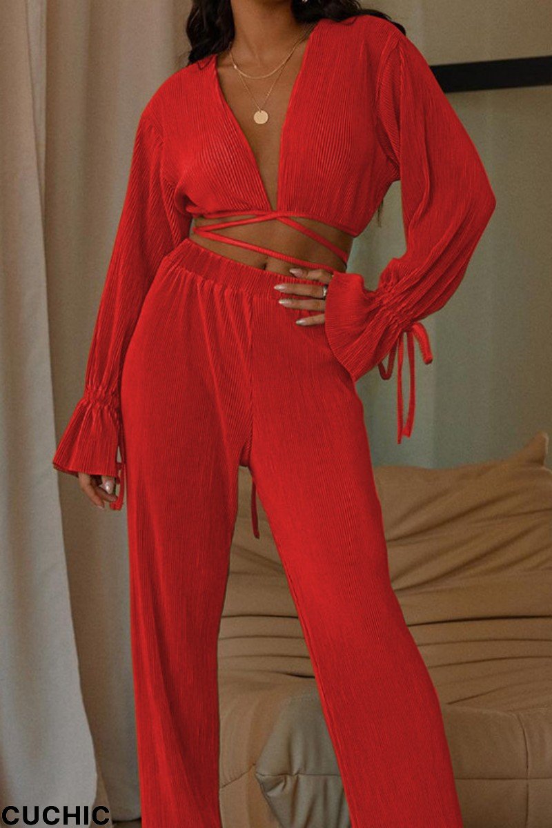 Red Casual Solid Bandage V Neck Long Sleeve Two Pieces-CuChic