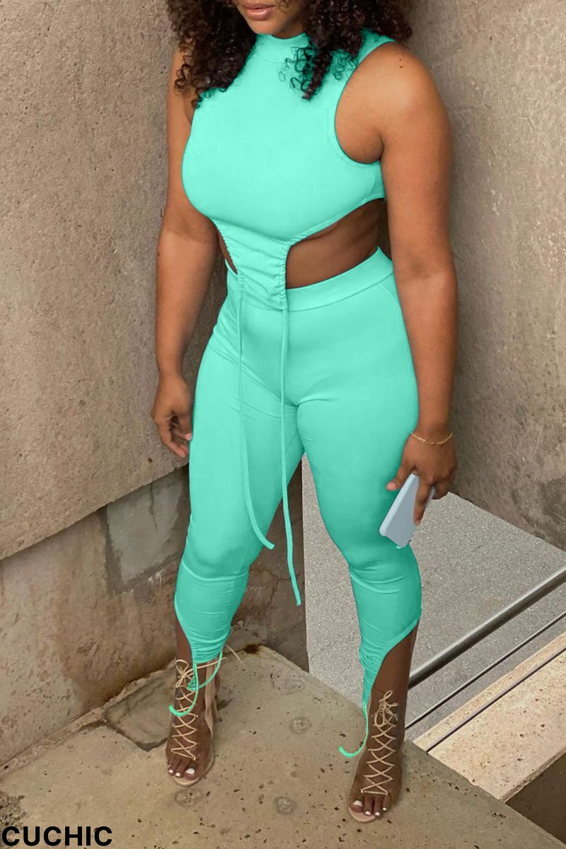 Green Sexy Solid Split Joint Asymmetrical O Neck Sleeveless Two Pieces-CuChic