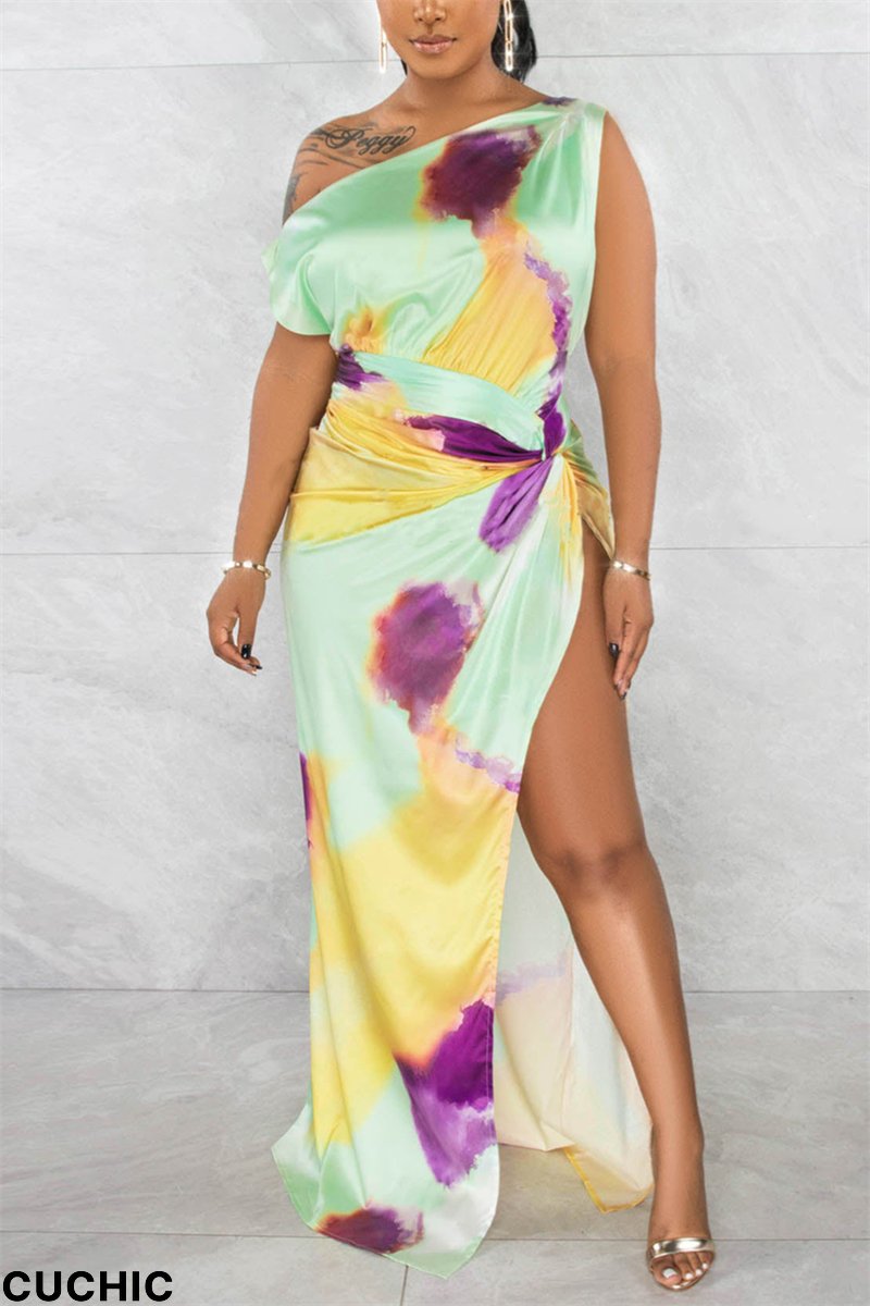 Green Sexy Simplicity Tie Dye High Opening Printing One Shoulder Printed Dress Dresses-CuChic