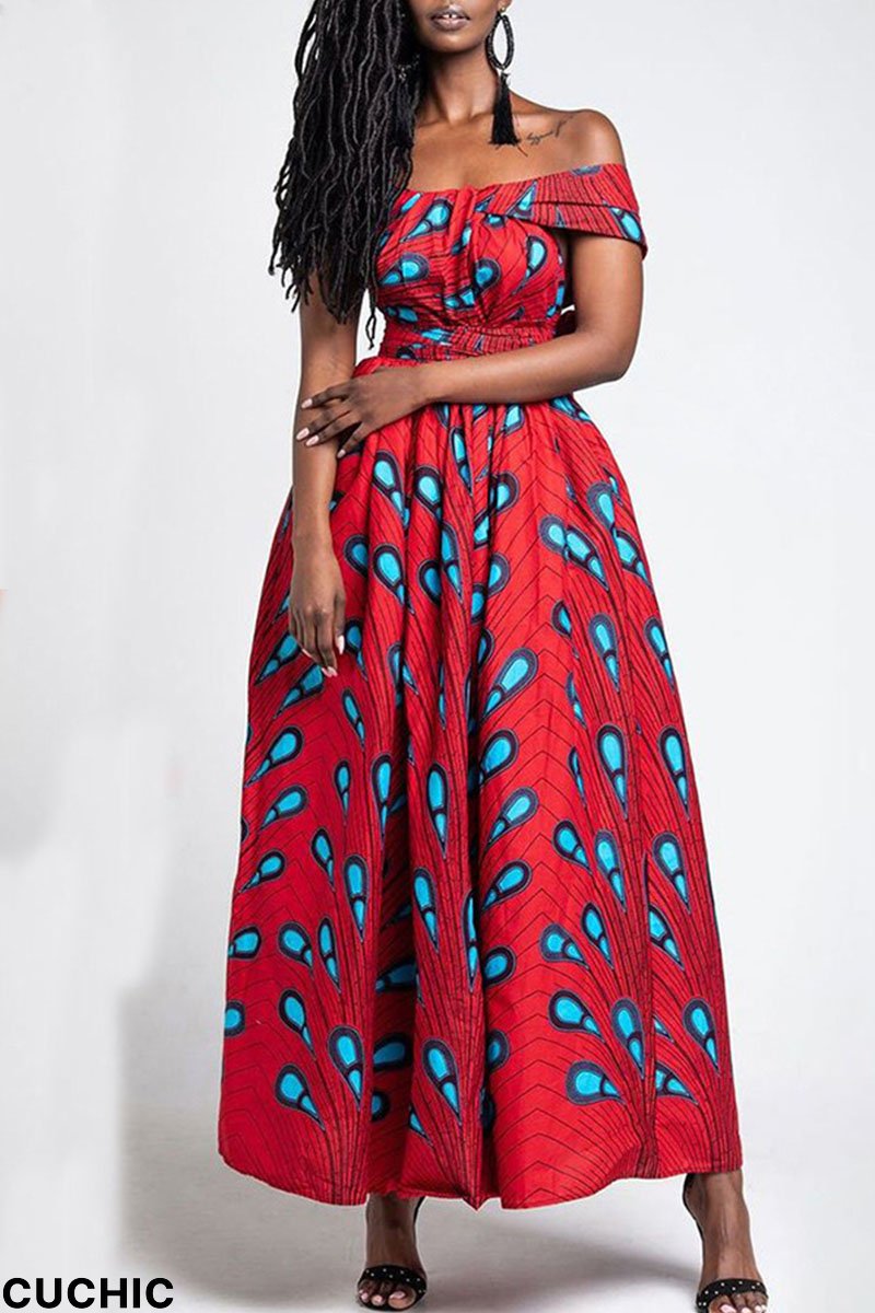 Red Bandage Patchwork V Neck Straight African Print Prom Dress-CuChic