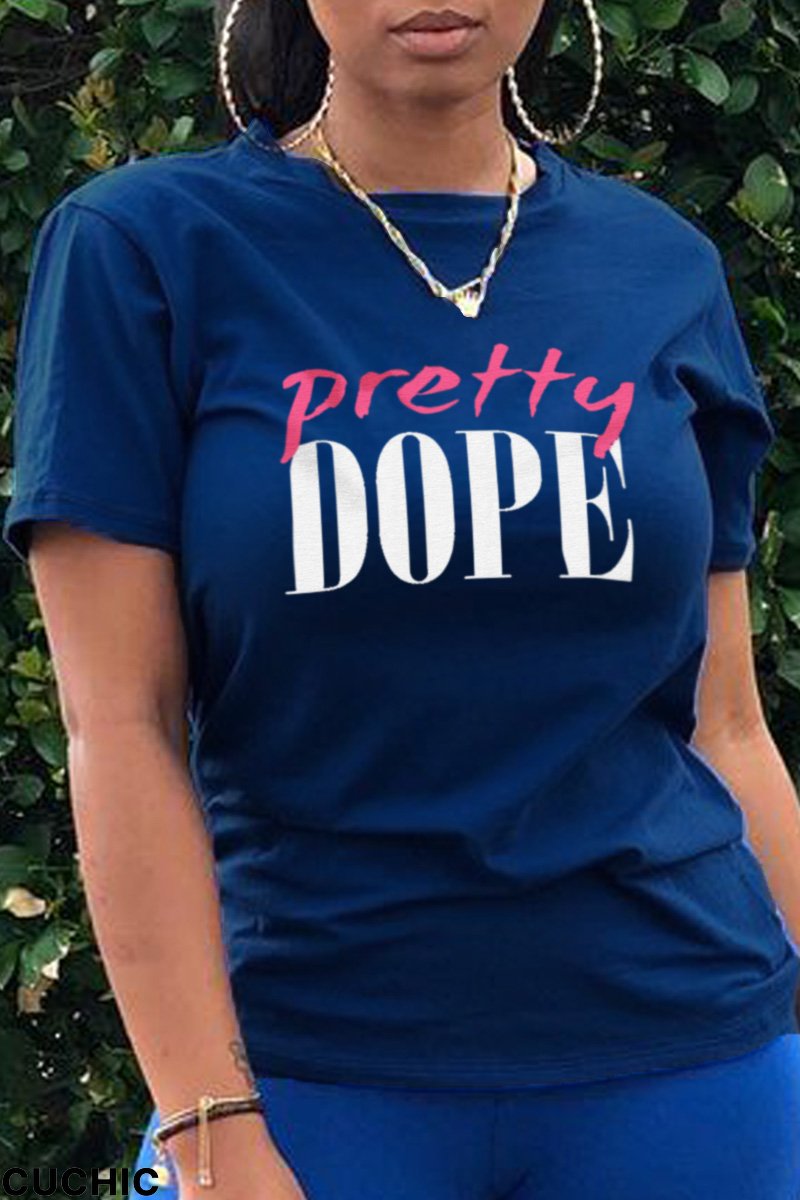 Navy Blue Casual Daily Print Split Joint Letter O Neck T-Shirts-CuChic