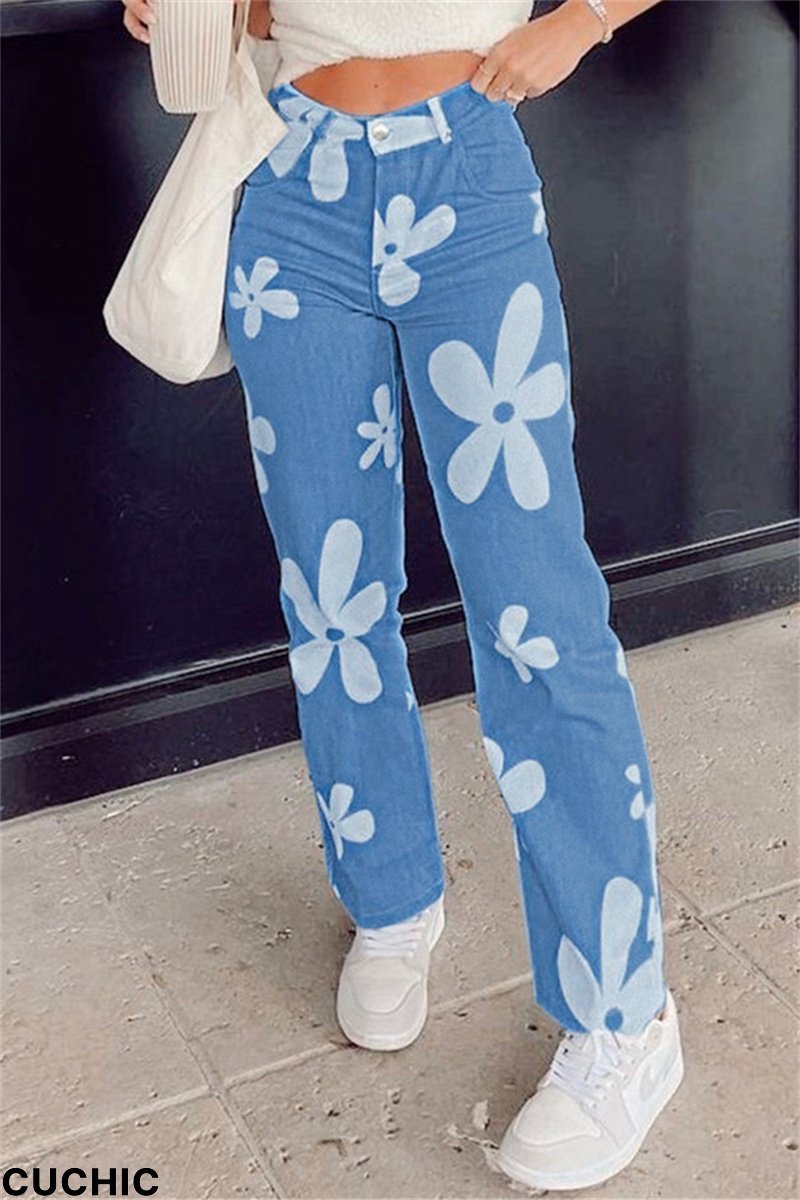 Medium Blue Fashion Casual Print Basic High Waist Regular Denim Jeans-CuChic