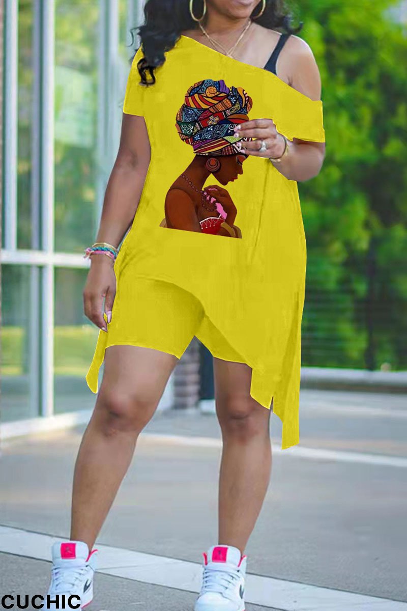 Yellow Fashion Casual Print Oblique Collar Short Sleeve Two Pieces-CuChic
