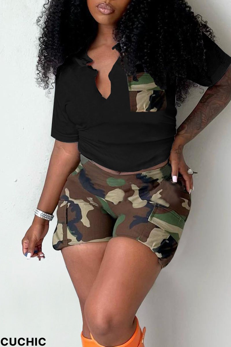 Black Casual Print Camouflage Print Patchwork V Neck Short Sleeve Two Pieces-CuChic