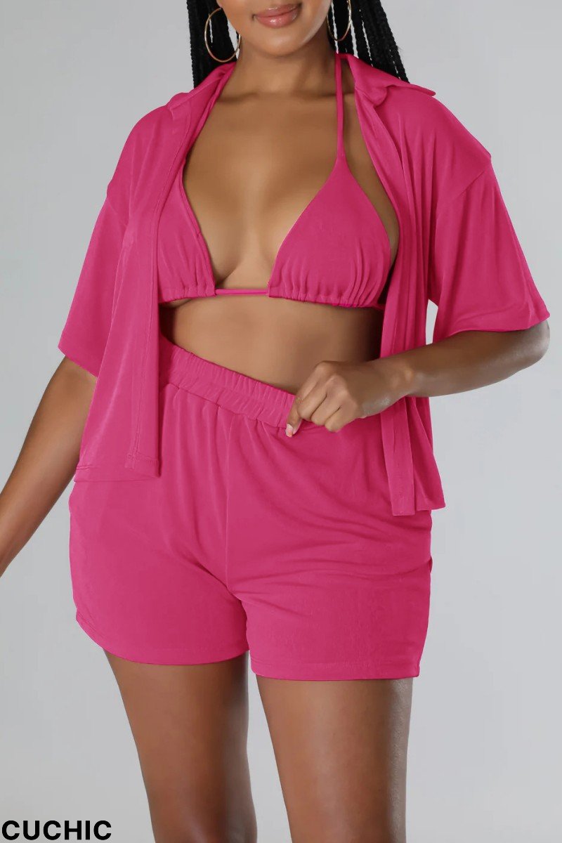 Rose Red Sexy Casual Solid Frenulum Shirt Collar Short Sleeve Three Piece Set-CuChic