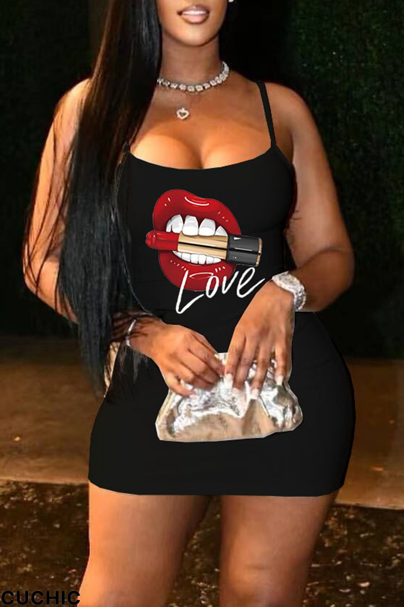 Black Fashion Sexy Lips Printed Backless Spaghetti Strap Sleeveless Dress-CuChic