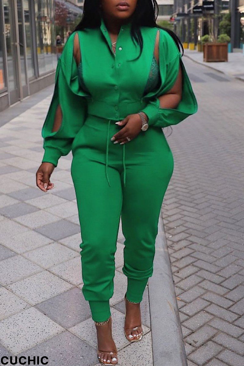 Green Casual Solid Hollowed Out Long Sleeve Two Pieces-CuChic