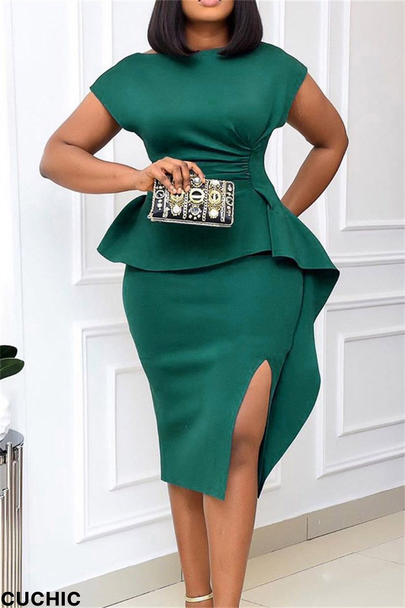 Green Fashion Casual Solid Split Joint Slit O Neck Pencil Dress-CuChic