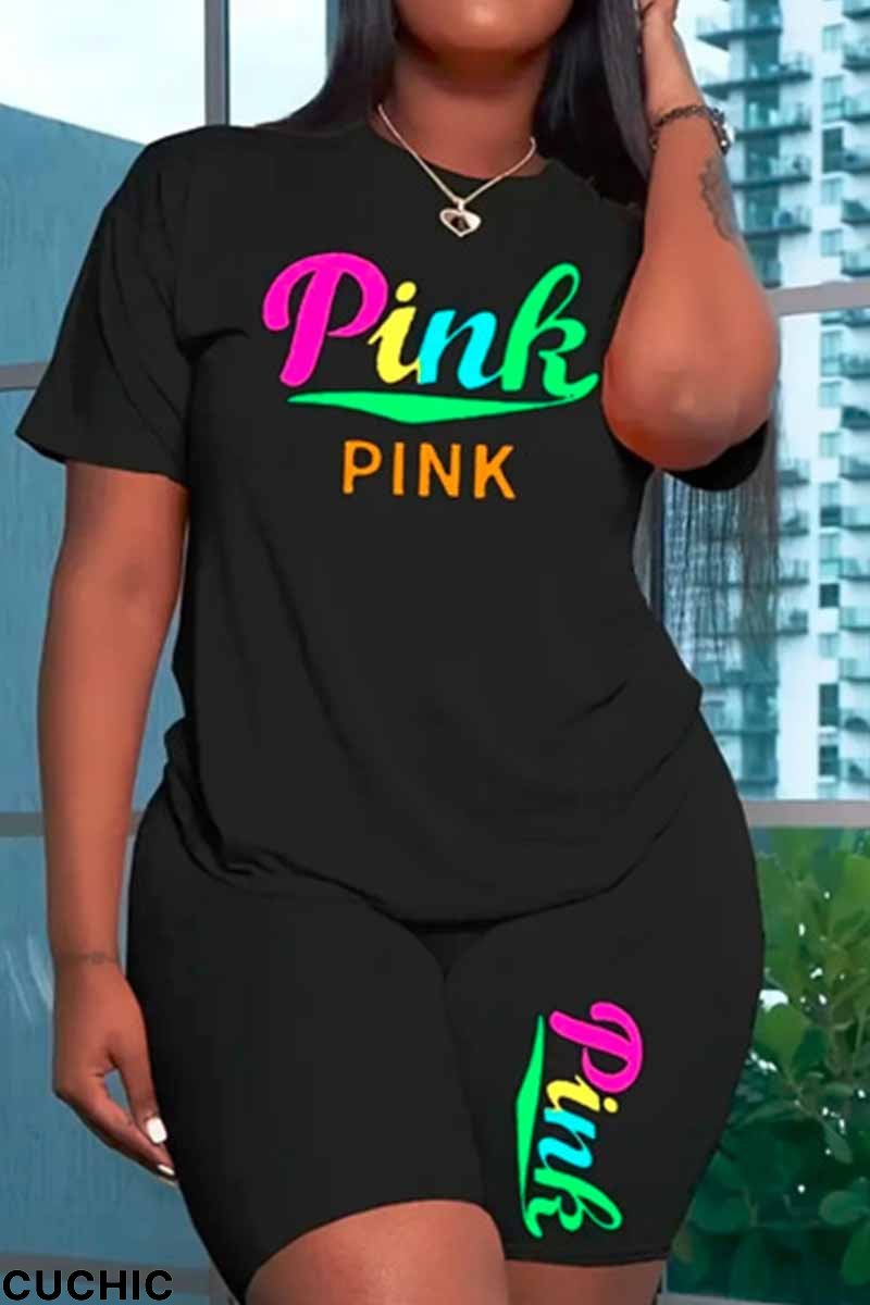 Black Street Print Letter O Neck Plus Size Two Pieces-CuChic