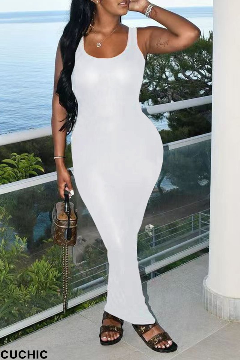 White Sexy Solid Backless Square Collar Pencil Skirt Dresses-CuChic
