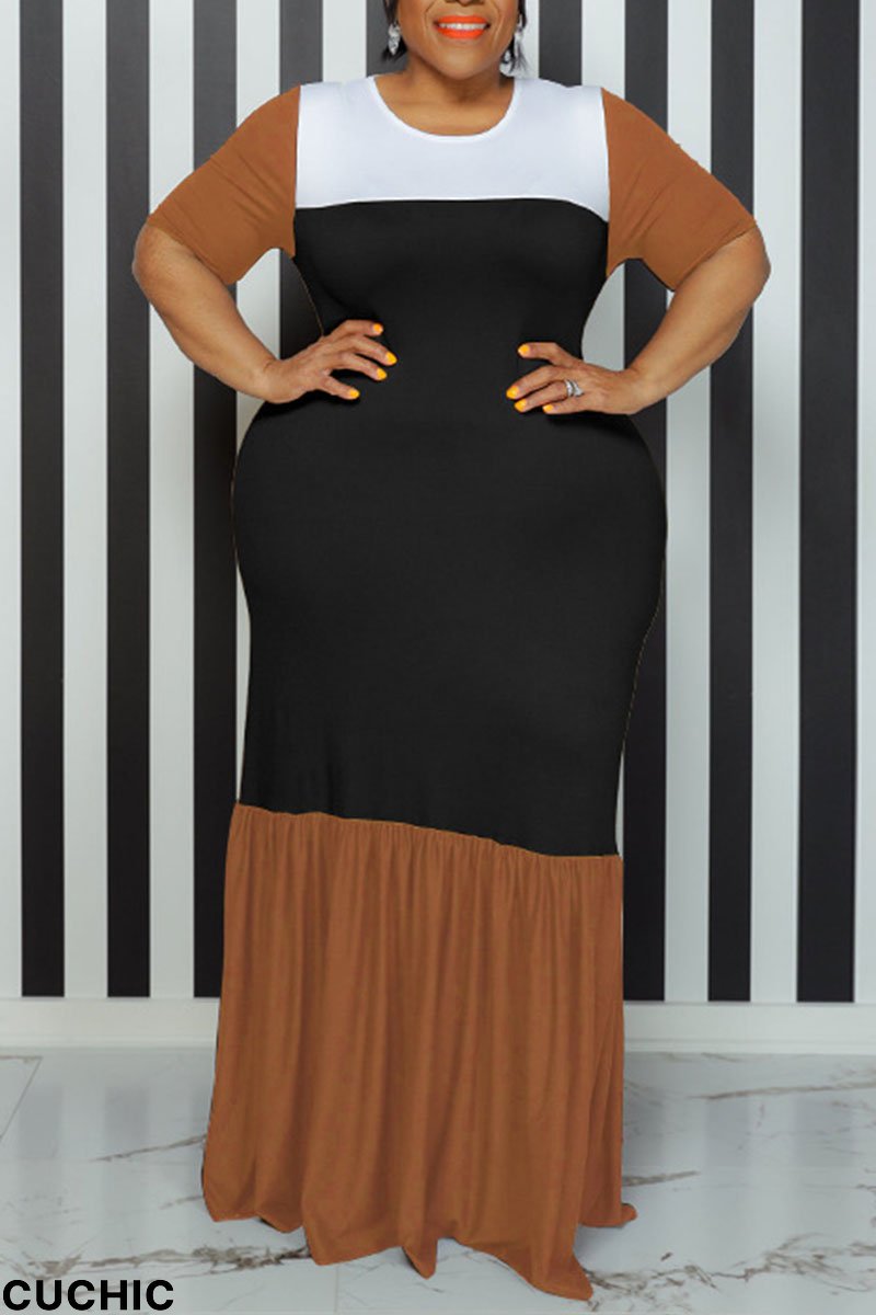 Black Casual Solid Patchwork O Neck Straight Plus Size Dresses-CuChic