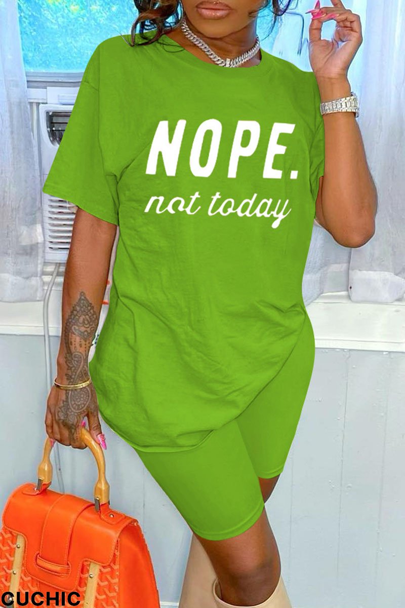 Green Fashion Casual Letter Print Basic O Neck Short Sleeve Two Pieces-CuChic