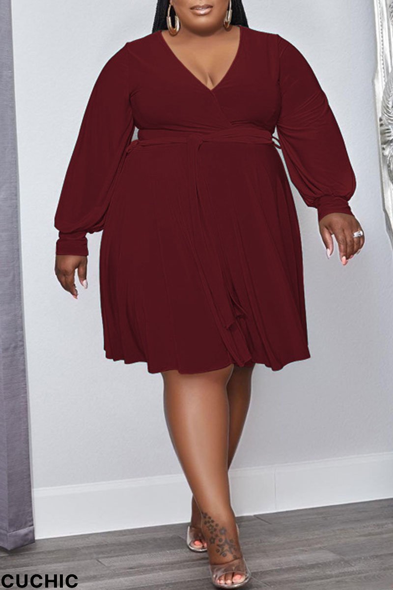 Burgundy Casual Solid Bandage Patchwork V Neck Long Sleeve Plus Size Dresses-CuChic