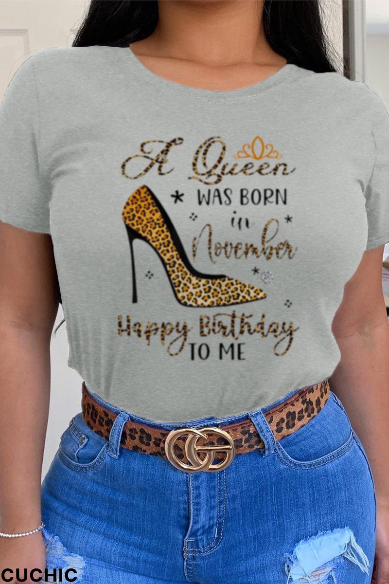 Grey Fashion Vintage Print Letter O Neck T-Shirts-CuChic