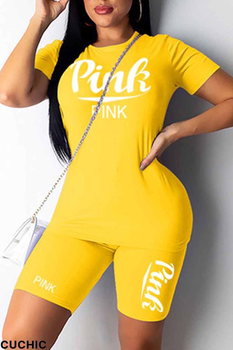 Yellow Fashion Casual Letter Print Basic O Neck Short Sleeve Two Pieces-CuChic