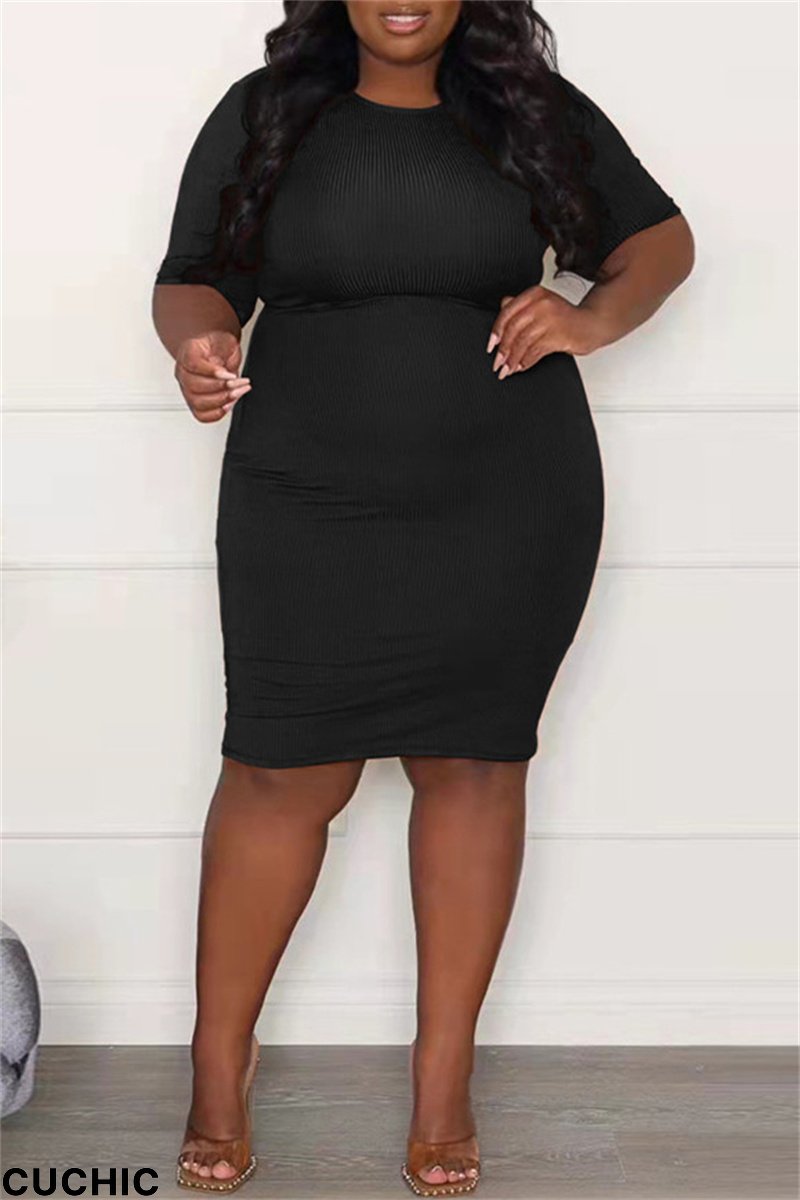Black Fashion Casual Plus Size Solid Basic O Neck Short Sleeve Dress-CuChic
