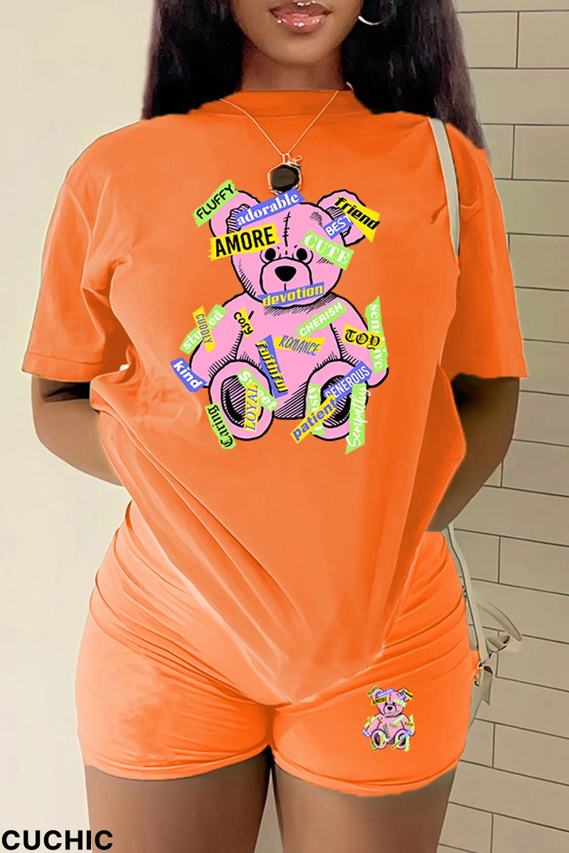 Orange Casual Print Patchwork O Neck Short Sleeve Two Pieces-CuChic