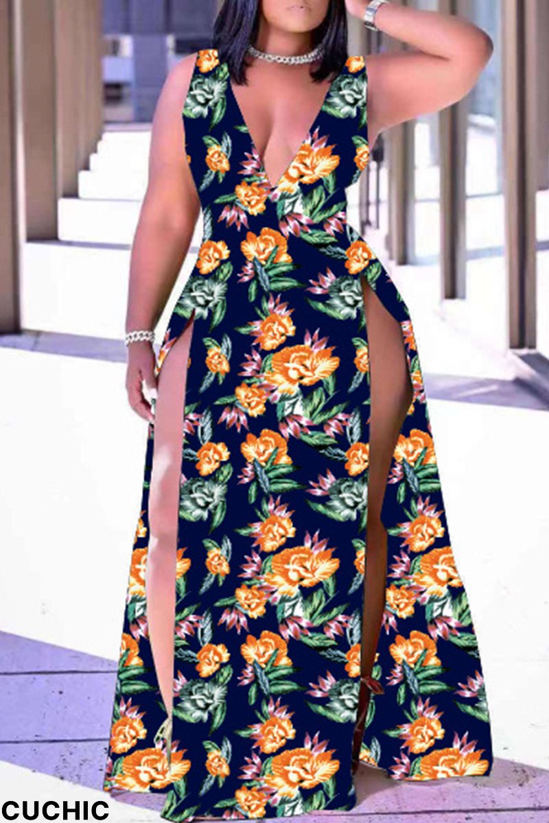 Orange Fashion Sexy Print Slit V Neck Vest Dress-CuChic