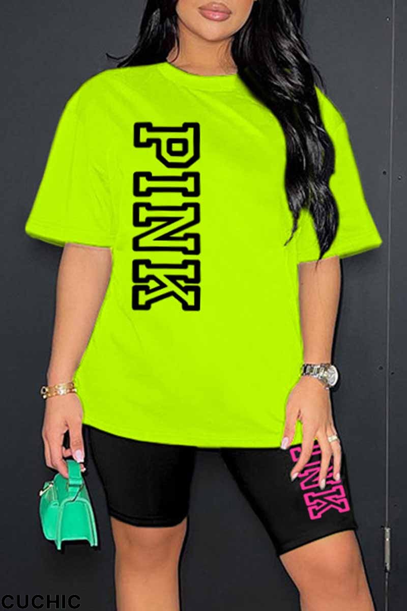 Fluorescent Green Casual Print Letter O Neck Short Sleeve Two Pieces-CuChic