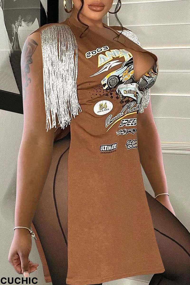 Brown Sexy Print Tassel Patchwork Slit V Neck Straight Dresses-CuChic