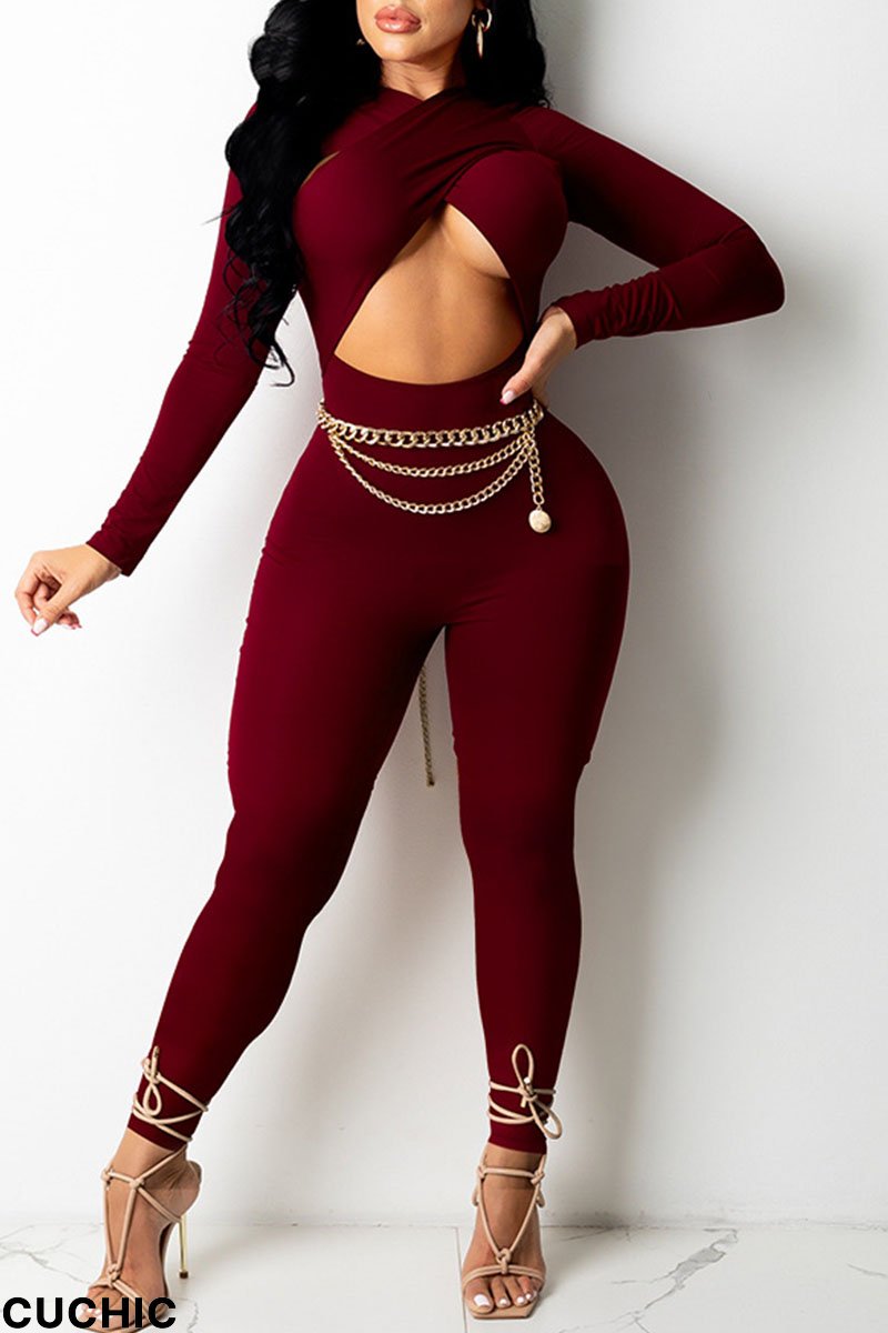 Burgundy Sexy Solid Hollowed Out Split Joint Asymmetrical Regular Jumpsuits (Without Belt)-CuChic