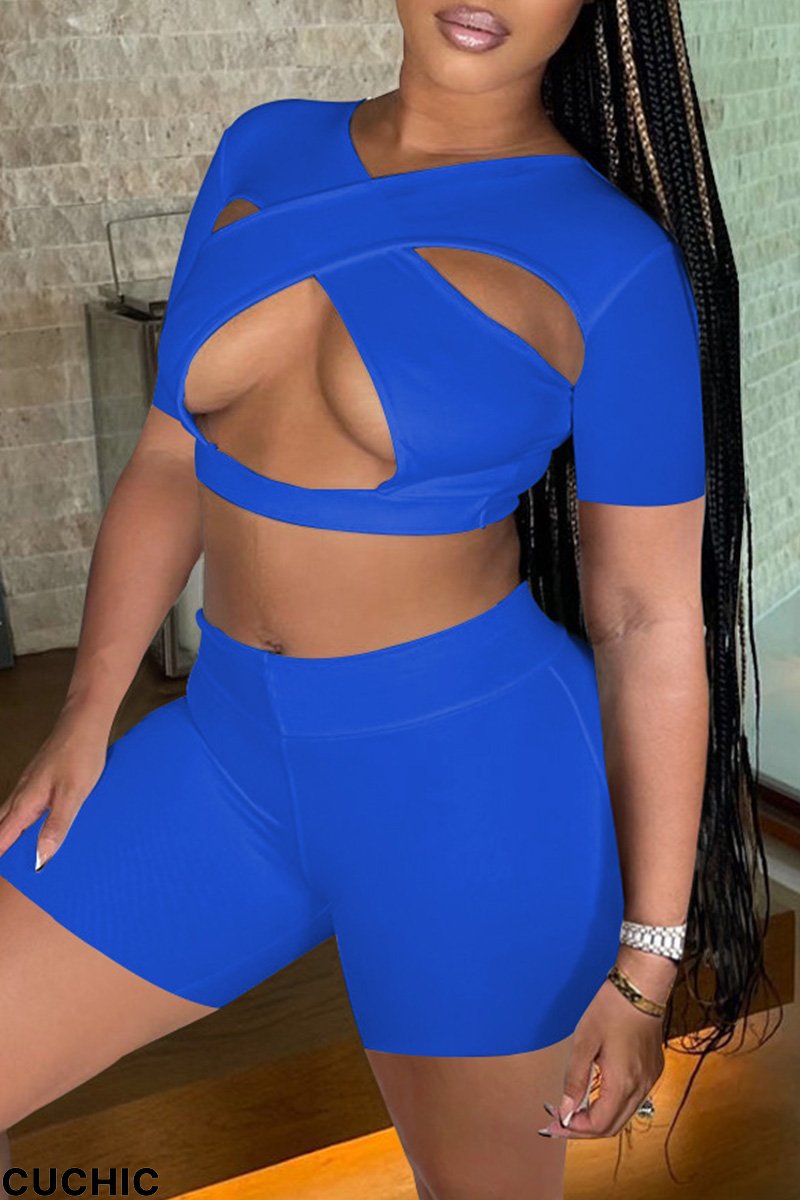 Peacock Blue Fashion Sexy Solid Hollowed Out Split Joint V Neck Short Sleeve Two Pieces-CuChic