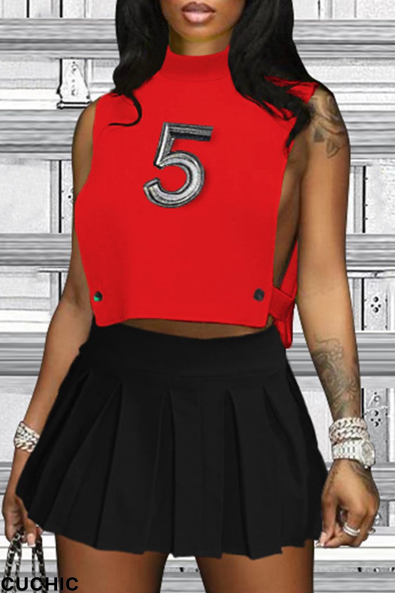 Red Fashion Sexy Print Split Joint Turtleneck Sleeveless Two Pieces-CuChic