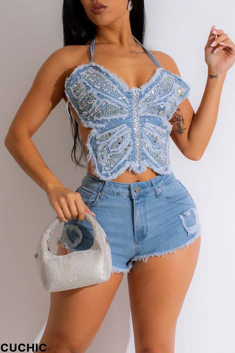 Blue Sexy Solid Bandage Patchwork Backless Hot Drill Halter Sleeveless Two Pieces-CuChic