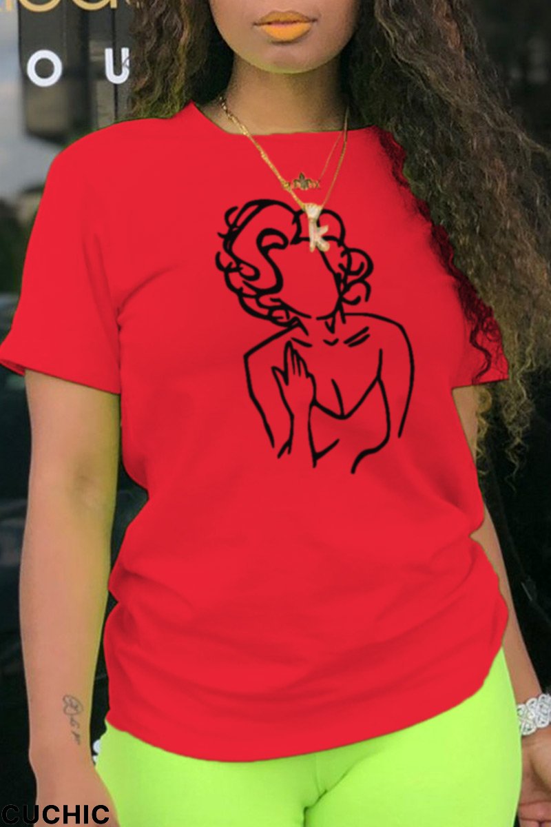 Red Fashion Daily Print Patchwork O Neck T-Shirts-CuChic