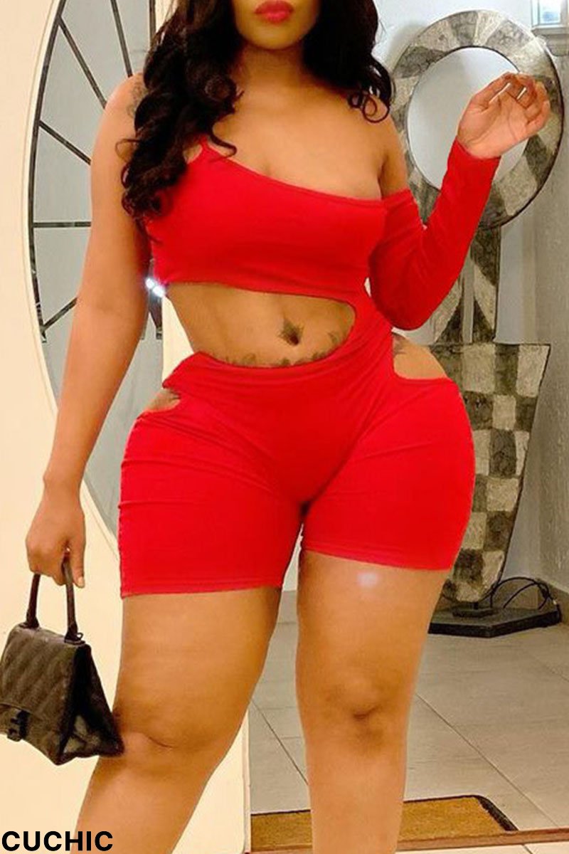 Red Sexy Solid Hollowed Out Patchwork Asymmetrical Spaghetti Strap Skinny Jumpsuits-CuChic