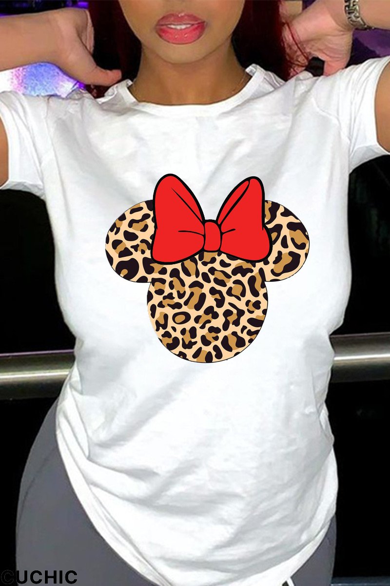 White Casual Cute Print Patchwork O Neck T-Shirts-CuChic