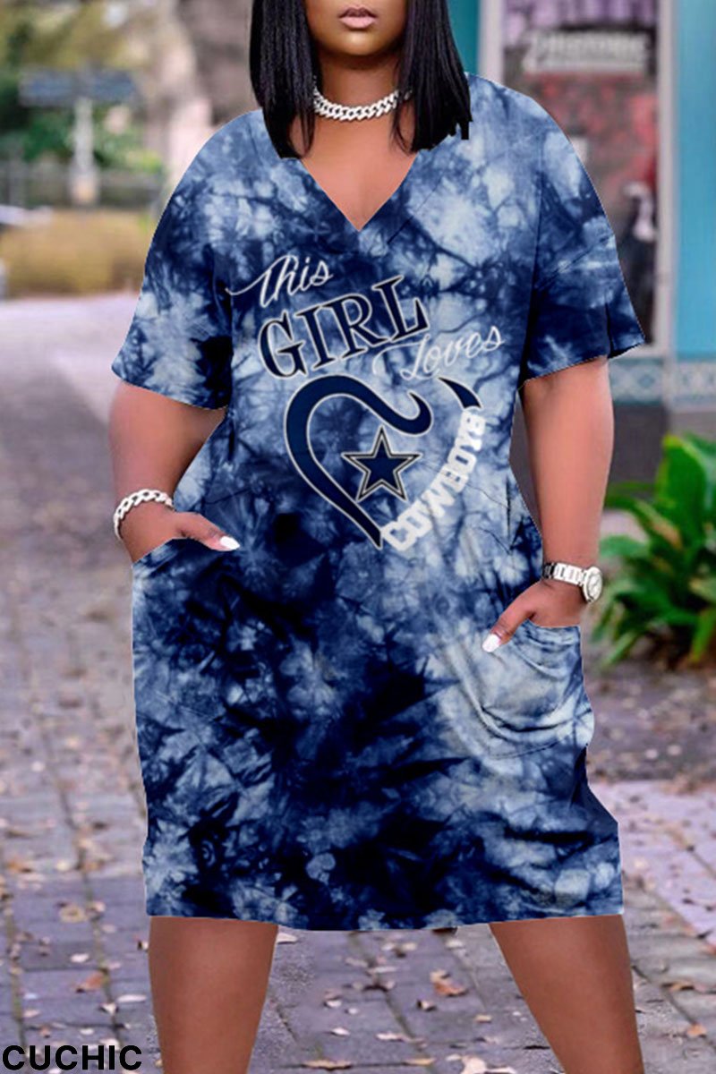 White Blue Casual Print Patchwork V Neck Straight Dresses-CuChic