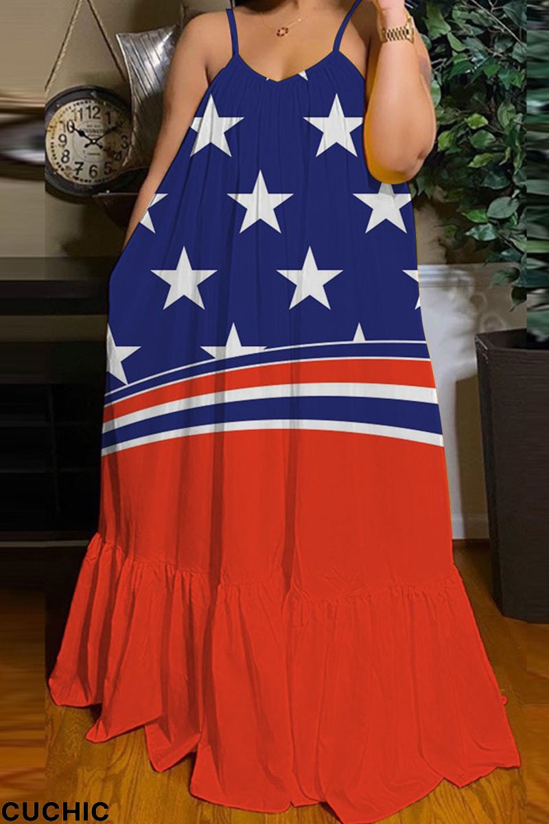 Red Blue Casual Print Patchwork Spaghetti Strap Straight Dresses-CuChic