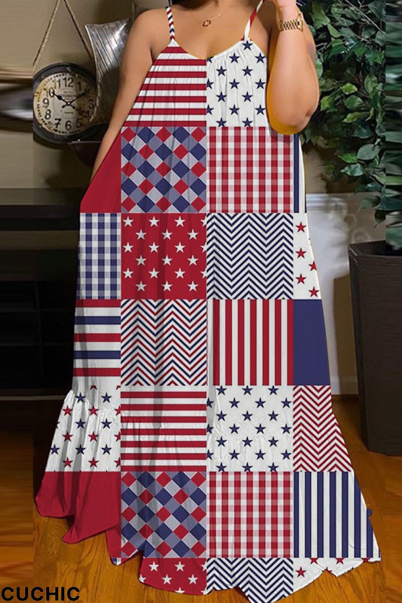 Red Gray Casual Print Patchwork Spaghetti Strap Straight Dresses-CuChic