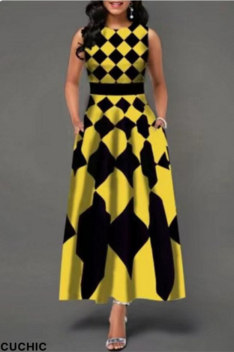 Yellow Fashion Casual Print Patchwork O Neck Sleeveless Dress-CuChic