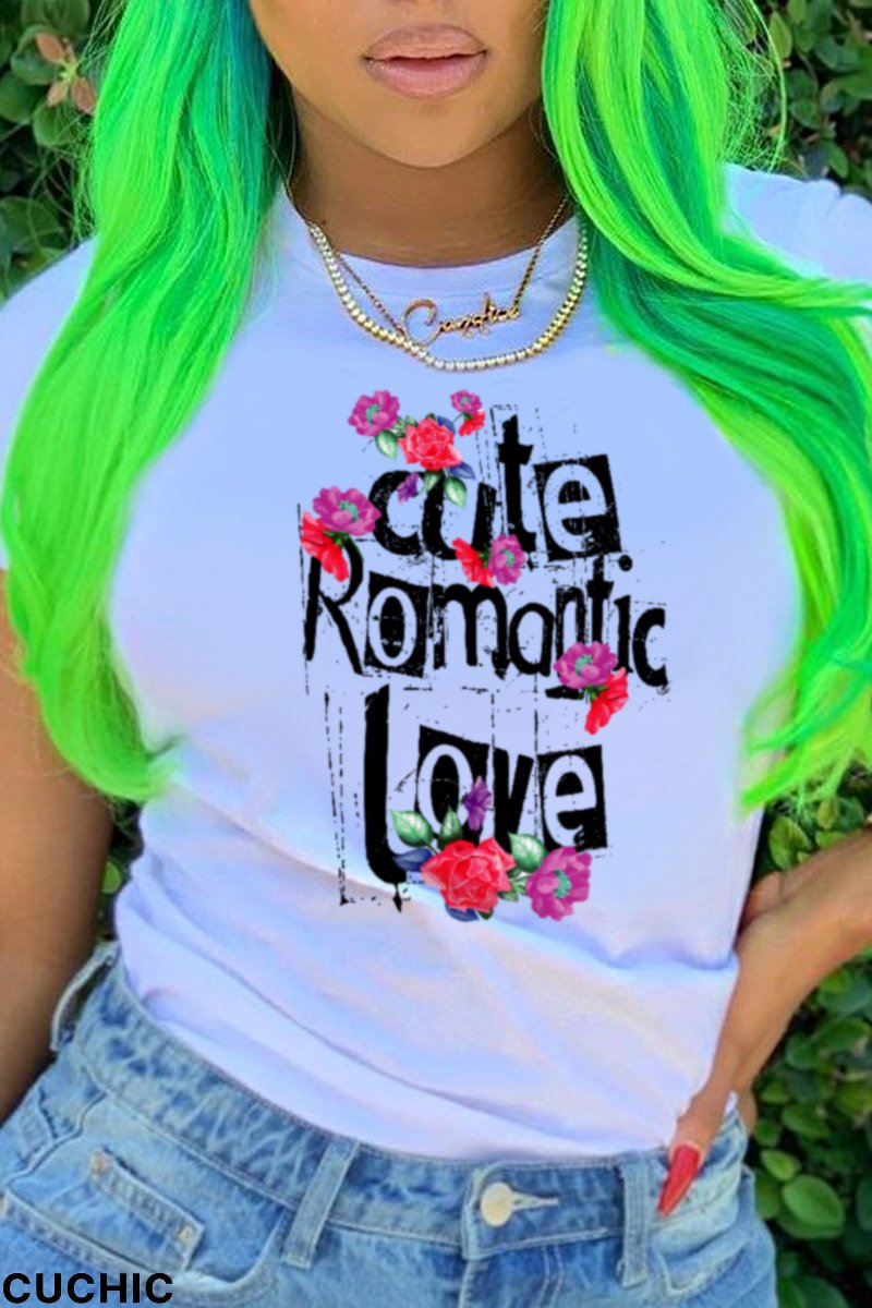 White Fashion Street Print Split Joint Letter O Neck T-Shirts-CuChic